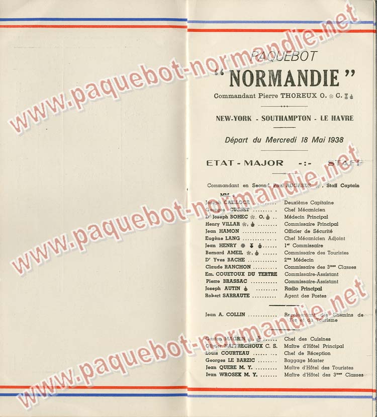 Paquebot s/s Normandie - LISTE PASSAGERS 18.05.38 / Classe Touriste - 3